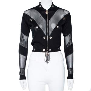 Versace Black & Gold Eyelet Detail Knit Zip Front Jacket S