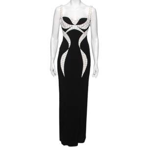 Pre Owned Versace Black Crepe Contrast Paneled Eyelet Studded Maxi Dress S