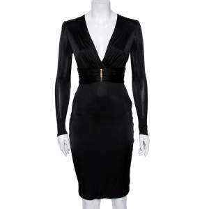 Versace Black Jersey Deep V-Neck Belted Dress S