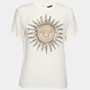 Pre Owned Versace Cream Silk Logo Embroidered and Embellished Blouse S
