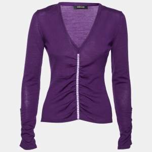 Versace Purple Knit Ruched Crystal Embellished Sweater M