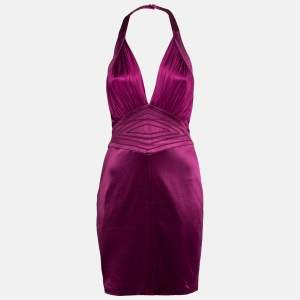 Pre Owned Versace Dark Purple Satin Halter Neck Mini Dress M