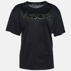 Pre Owned Versace Tribute Black Jersey Metallic Logo Print T-Shirt M