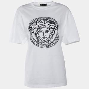 Pre Owned Versace White Jersey Medusa Sequined Round Neck T-Shirt XL