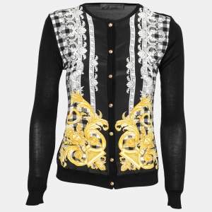 Versace Black Baroque Print Silk & Wool Button Front Cardigan S