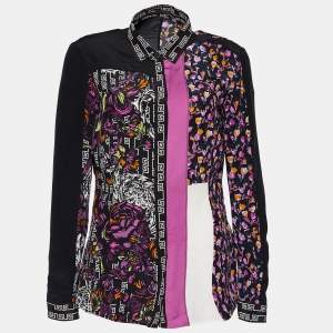 Pre Owned Versace Black & Pink Silk Floral Print Patched Blouse M