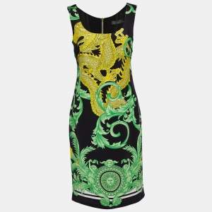 Pre Owned Versace Black Dragon Print Silk Sheath Dress S