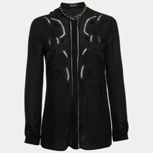 Versace Black Silk Embroidered Stud-Collar Shirt S