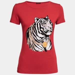 Pre Owned Versace Red Jersey Tiger Printed Flocked Round Neck T-Shirt L
