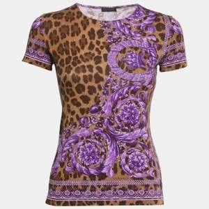 Versace Brown & Purple Animal Print Jersey Round Neck T-Shirt M