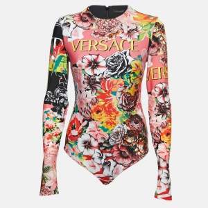 Versace Multicolor Floral Mania Print Stretch Jersey Bodysuit S