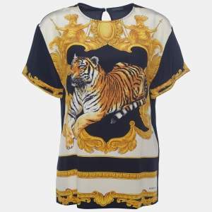 Pre Owned Versace Black Tiger Printed Silk Top S