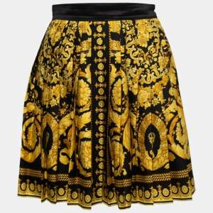 Versace Black/Gold Baroque Printed Silk Pleated Mini Skirt S
