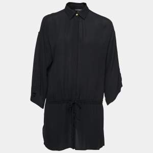 Versace Black Silk Button Front  Tie Detail Mini Shirt Dress M
