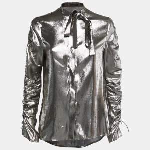 Versace Metallic Lurex Silk Blend Ruched Sleeve Neck Tie Detailed Shirt Blouse S