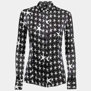 Versace Black Star Printed Silk Satin Button Front Full Sleeve Shirt S
