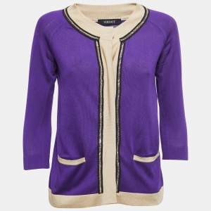 Versace Purple Silk Knit Contrast Trim Button Front Cardigan L
