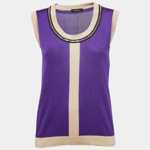Versace Purple Silk Knit Contrast Trim Sleeveless Top L