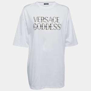 Pre Owned Versace White Studded Cotton Crew Neck Half Sleeve Goddess T-Shirt M