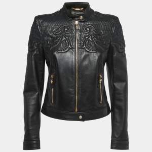 Versace Black Leather & Python Zip Front Biker Jacket S
