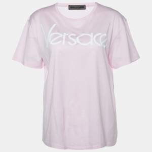 Versace Tribute Pink Logo Embroidered Cotton Knit T-Shirt S