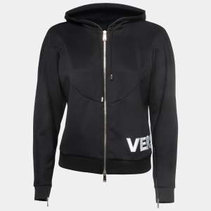 Pre Owned Versace Black Logo Embroidered Jersey Zip Front Hooded Jacket S