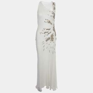 Versace White Embellished Silk Sleeveless Slit Detail Gown M