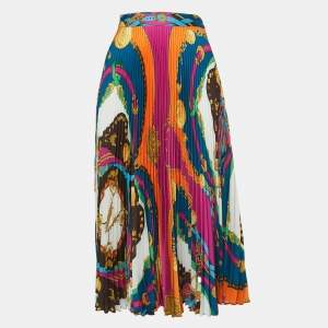 Versace Multicolor Print Synthetic Pleated Midi Skirt S