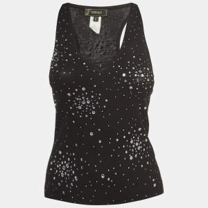 Versace Black Crystal Embellished Jersey V-Neck Tank Top M