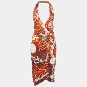 Versace Vintage Brown Shell Print Jersey Belted Draped Dress M