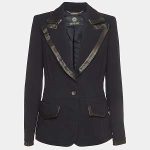 Versace Navy Blue Leather Trimmed Wool Single Breasted Blazer M