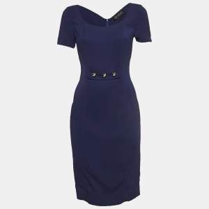 Versace Blue Metal Logo Embellishment Crepe Sheath Dress M