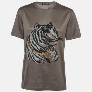 Versace Grey Tiger Embroidered Jersey Crew Neck T-Shirt M