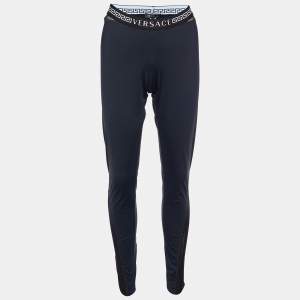 Pre Owned Versace Black Stretch Knit Logo Waistband Leggings L