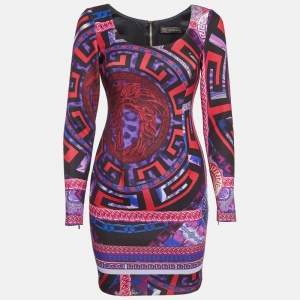 Pre Owned Versace Purple Medusa Print Jersey Mini Dress S