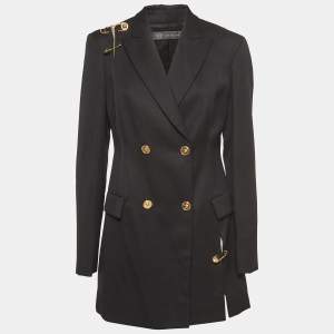 Versace Black Safety Pin Detailed Wool Double Breasted Blazer M