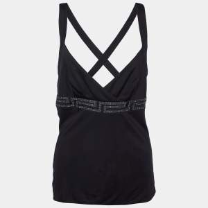 Versace Black Jersey Crystal Greca Embellished Tank Top M