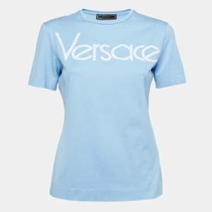 Pre Owned Versace Blue Embroidered Cotton Knit Tshirt XS