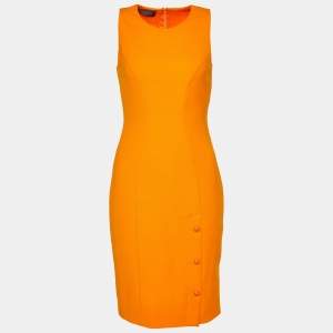 Versace Orange Crepe Logo Button Detail Sheath Dress S