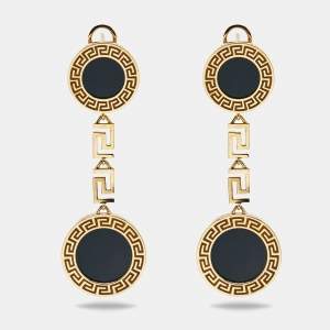 Pre Owned Versace Greca Onyx 18k Yellow Gold Earrings