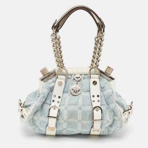 Versace Blue/white Denim and Croc Embossed Leather Madonna Satchel