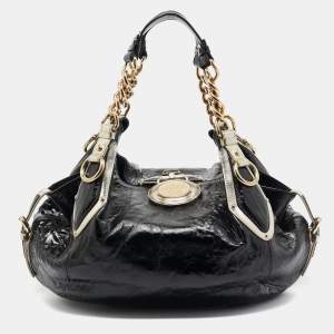 Versace Black/Gold Patent Leather Medussa Flap Hobo 