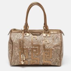 Versace Beige/Gold Printed Coated Canvas and Leather Boston Bag