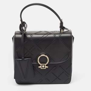 Versace Black Quilted Leather and Suede DV One Top Handle Bag