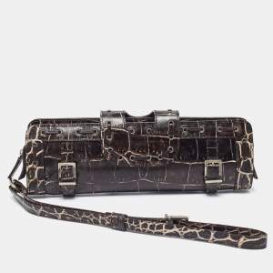 Versace Brown Croc Embossed Leather Wristlet Clutch 