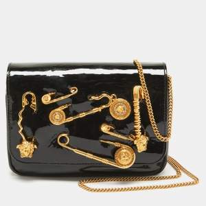 Pre Owned Versace Black Patent Leather Safety Pin Flap Chain Crossbody Bag