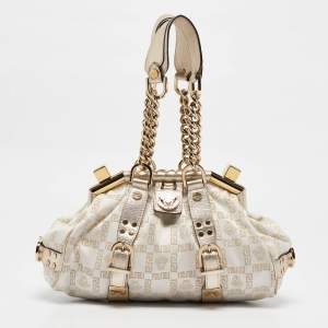 Versace Gold/White Signature Fabric and Leather Frame Satchel