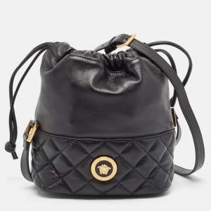 Versace Black Quilted Leather Medusa Drawstring Bucket Bag