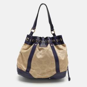 Versace Beige/Blue Medusa Canvas and Leather Drawstring Hobo