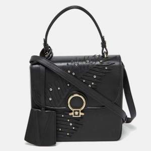 Versace Black Leather Applique Studded Flap Top Handle Bag